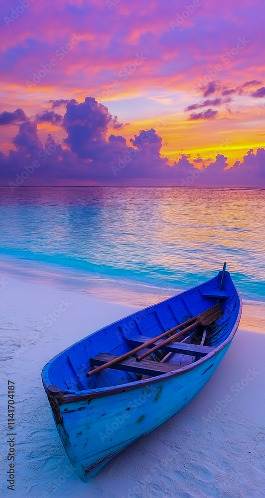 A vibrant blue wooden boat rests on the pristine white sand of a beach, bathed in the warm hues of a sunset sky painted in shades of purple and orange. A vibrant blue wooden boat rests on the pristine white sand of a beach, bathed in the warm hues of a sunset sky painted in shades of purple and orange.