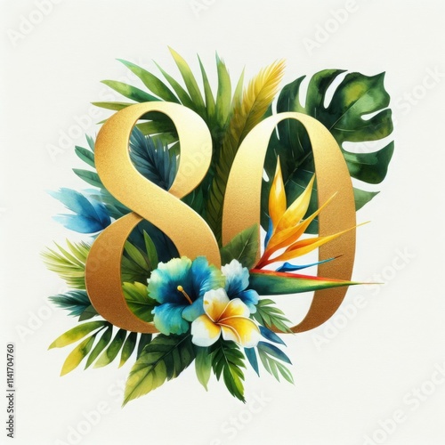 Golden number 80 with a vibrant watercolor bouquet of tropical leaves and flowers against a white isolated background