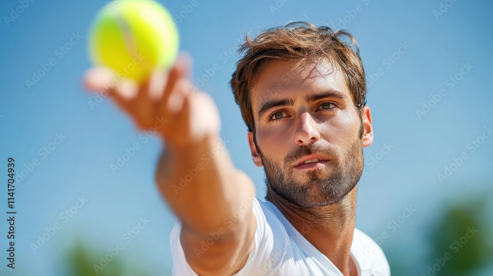 Young tennis player tosses ball high, sunny day, crowd cheers. A powerful serve is coming! Young tennis player tosses ball high, sunny day, crowd cheers. A powerful serve is coming!