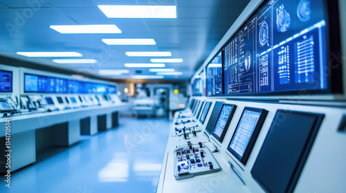 Futuristic control room serene technological environment advanced technology monitoring digital data space exploration spacecraft