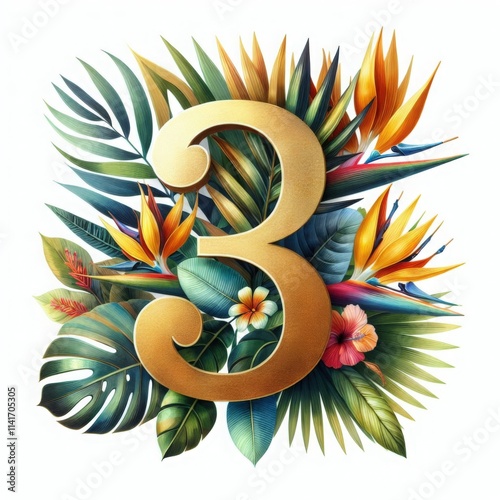 Golden number 3 with a vibrant watercolor bouquet of tropical leaves and flowers against a white isolated background