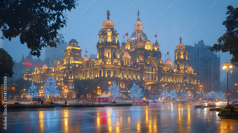 Illuminated grand building at night, rain reflecting on wet streets. Illuminated grand building at night, rain reflecting on wet streets.