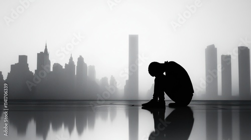 Silhouette of a person sits despondently before a hazy cityscape. photo