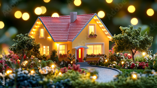 Illuminated miniature house model in a garden setting at night. photo