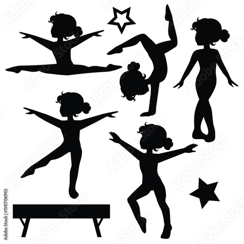 Cute little girl gymnast silhouette vector cartoon illustration