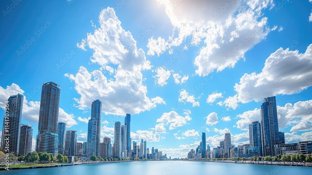 A panoramic skyline with glassy skyscrapers and a wide waterfront under a bright blue sky. Fluffy clouds scatter across the horizon, and the sun casts a soft glow on the city's buildings . A panoramic skyline with glassy skyscrapers and a wide waterfront under a bright blue sky. Fluffy clouds scatter across the horizon, and the sun casts a soft glow on the city's buildings .
