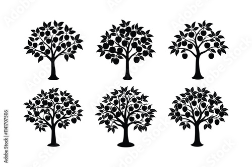 vector of Plum Tree (Prunus domestica) design, linocut silhouette illustration.