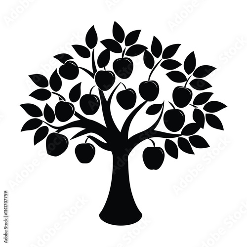vector of Plum Tree (Prunus domestica) design, linocut silhouette illustration.