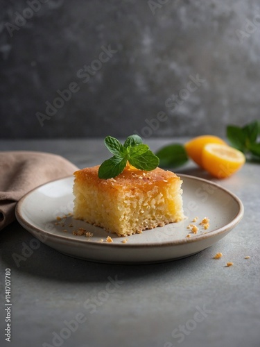 A plate of traditional Basbousa cake with green leaf as garnish on top under natural light