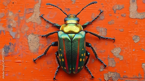 A green and red bug is on an orange surface photo