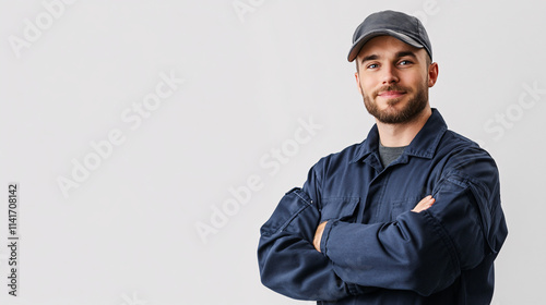 portrait of a confident mechanic wearing a blue work uniform and a gray cap against a white background