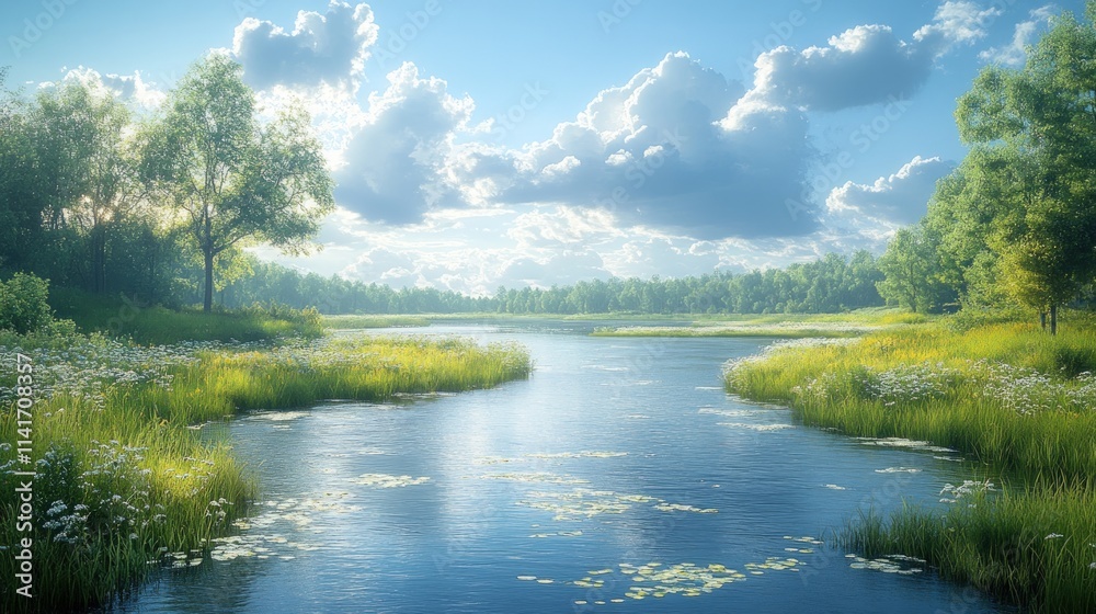 Obraz premium Serene river flows through lush green landscape.