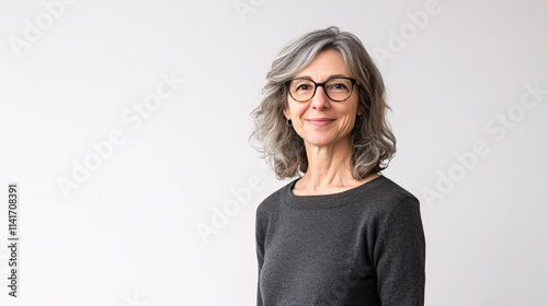 smiling woman with grey hair wearing glasses and a gray sweater against a white background