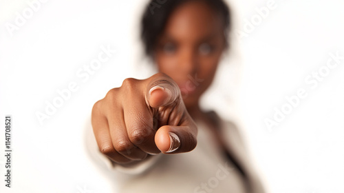 close up of a woman pointing finger towards the camera