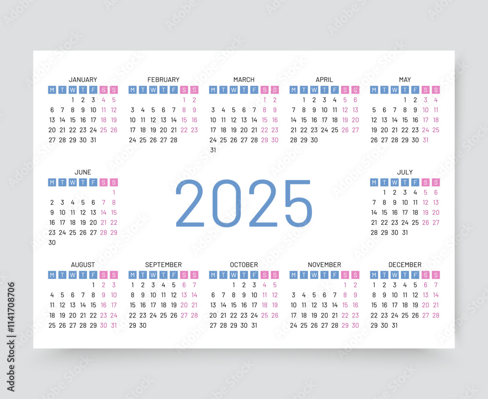 2025 calendar. Yearly calender organizer. Grid template with 12 months. Calendar layout in horizontal color design in English. Week starts Monday. Desk, pocket or wall organizer. Vector illustration 2025 calendar. Yearly calender organizer. Grid template with 12 months. Calendar layout in horizontal color design in English. Week starts Monday. Desk, pocket or wall organizer. Vector illustration