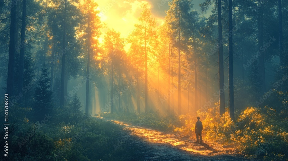 Person stands in sunlit, misty forest path. Person stands in sunlit, misty forest path.