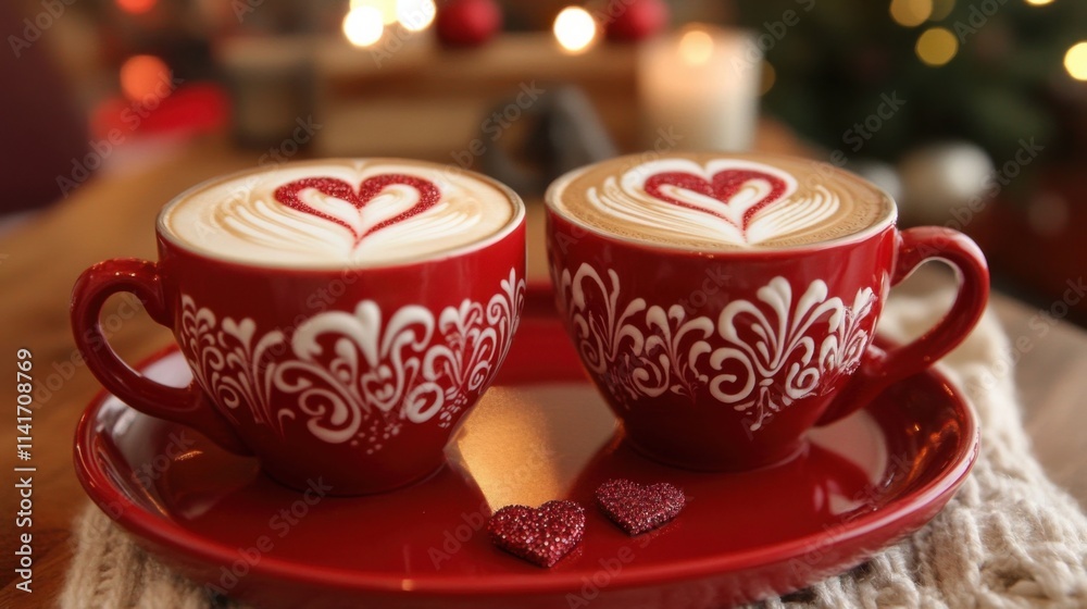 Fototapeta premium two red coffee cups with hearts on them