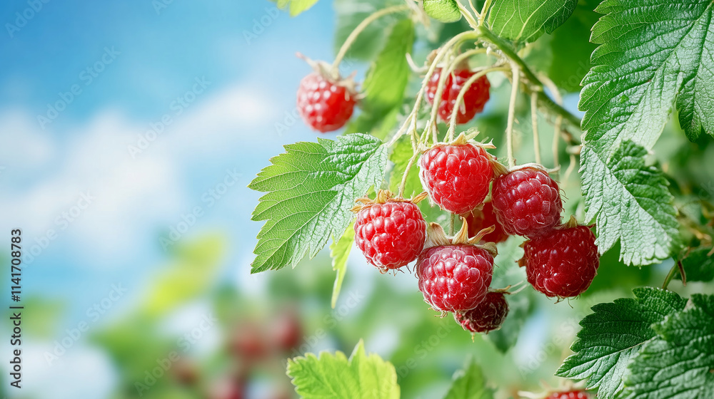 Fresh raspberries hanging on a vine against a blue sky Fresh raspberries hanging on a vine against a blue sky