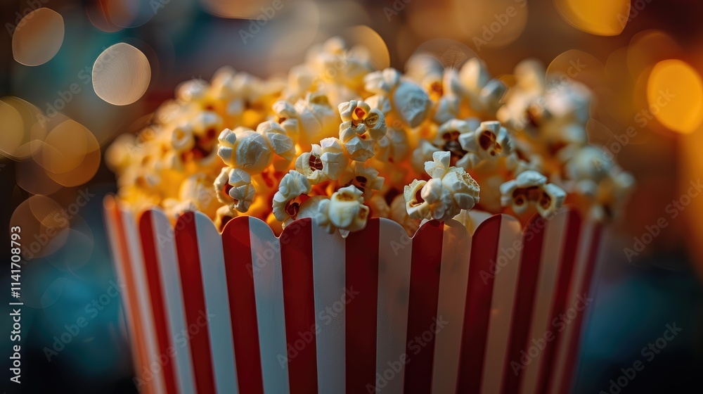 A close-up of a striped popcorn bucket filled with fluffy popcorn. A close-up of a striped popcorn bucket filled with fluffy popcorn.