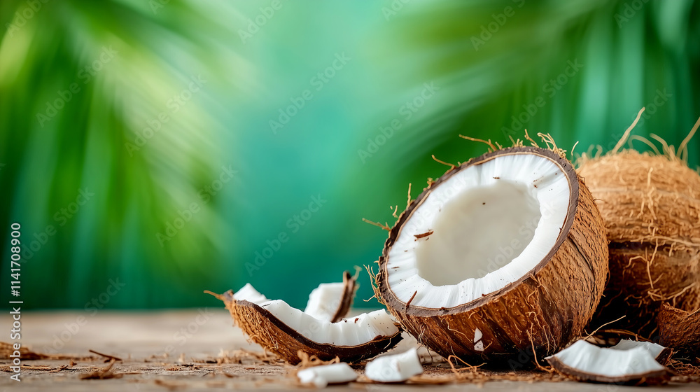 Fresh coconuts with coconut flesh on a tropical background