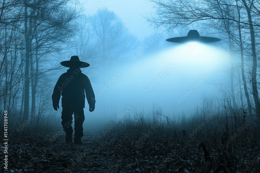 A mysterious figure in a wide-brimmed hat walks through a foggy forest, illuminated by a beam from a hovering UFO above. A mysterious figure in a wide-brimmed hat walks through a foggy forest, illuminated by a beam from a hovering UFO above.