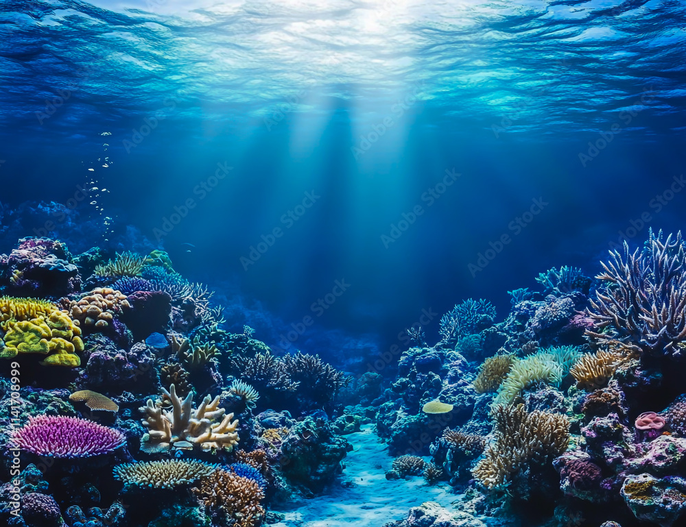Naklejka premium A vibrant deep sea scene featuring colorful coral reefs, diverse marine life and the breathtaking beauty of the underwater world.