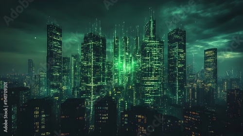 A cityscape with a green tint and a dark sky