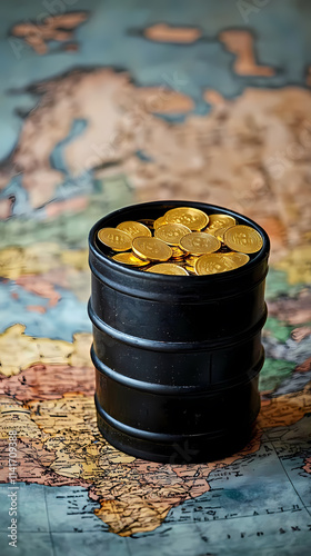 Oil barrel and coins representing global economy concept photo