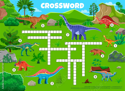 Crossword quiz game grid with prehistoric dinosaurs and Jurassic lizards, vector worksheet. Kids cartoon crossword quiz game to guess names of dinosaurs, giant lizards and prehistoric dino reptiles