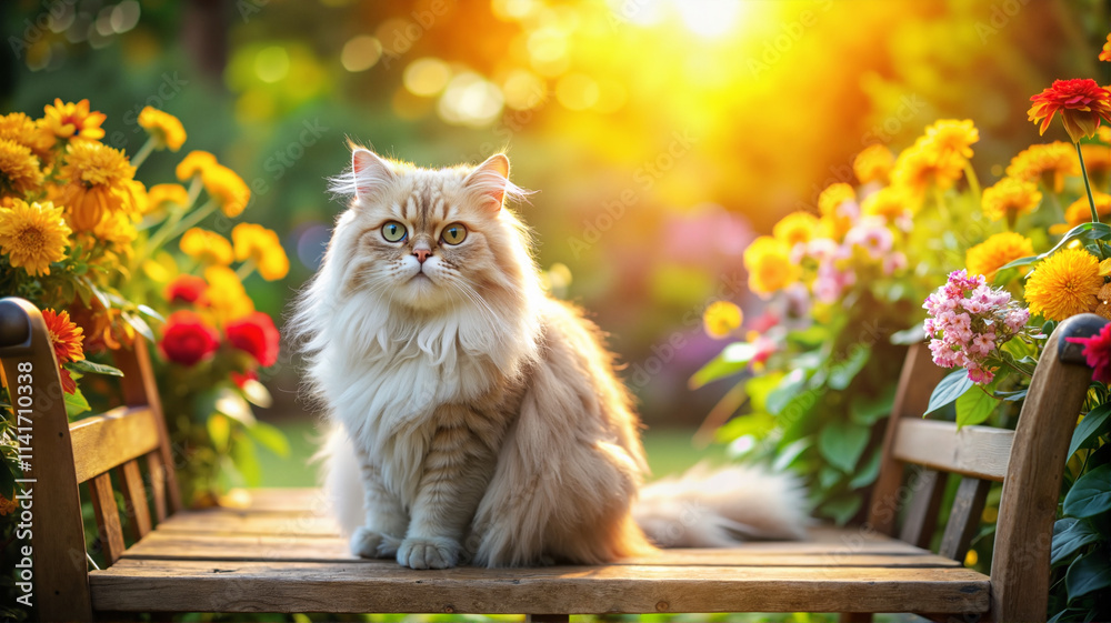 Fluffy cat sitting on wooden bench surrounded by blooming flowers Fluffy cat sitting on wooden bench surrounded by blooming flowers