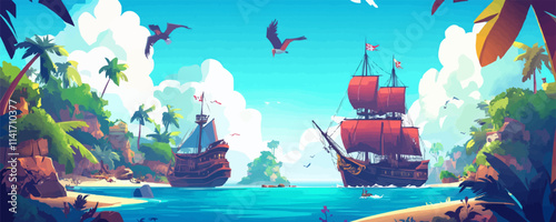 Pirate lagoon. Bold ships, adventurous pirates, hidden treasures, and playful sea creatures, depicting the charm of a pirate lagoon, vector illustration, flat style.