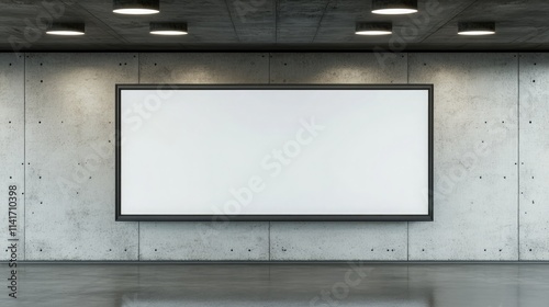 A contemporary hall featuring a wide-format blank display on a textured concrete wall. The lighting setup includes recessed ceiling lights casting down on the display, giving the room an upscale. photo