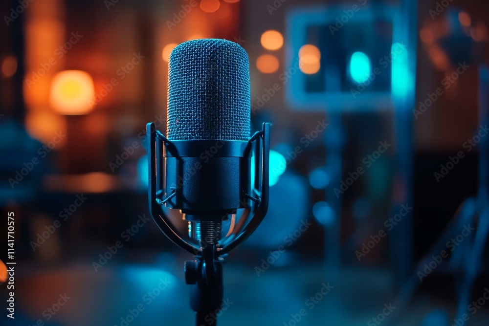 Close-up microphone on the table in podcasting record, Generative AI Close-up microphone on the table in podcasting record, Generative AI
