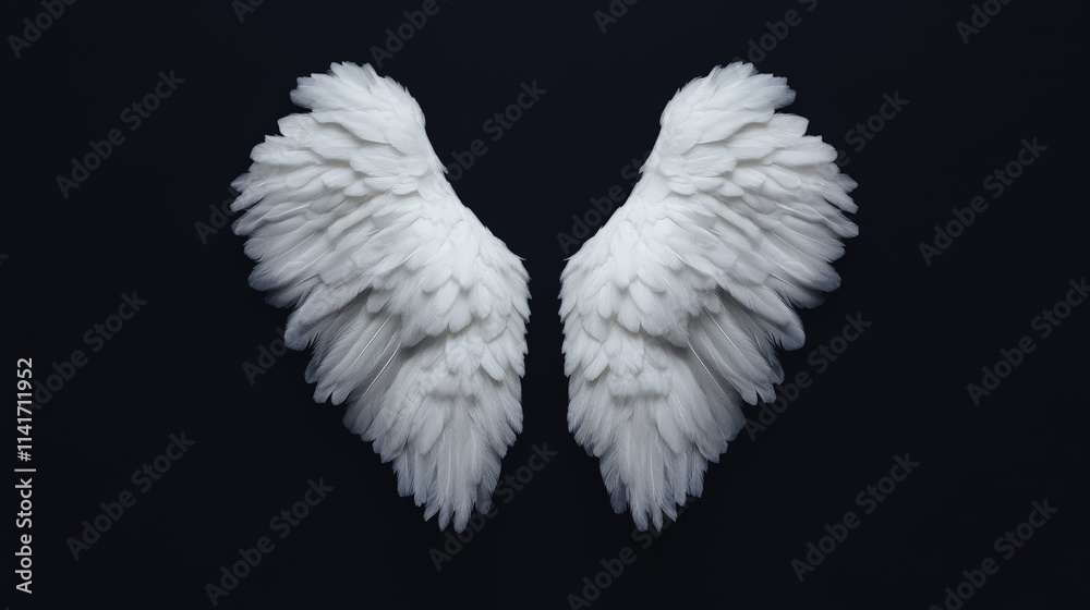 Naklejka premium Ethereal angel wings with intricate feather details against dark background, creating sense of serenity and wonder. Perfect for themes of spirituality and beauty