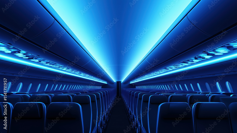 Fototapeta premium Futuristic airplane cabin with blue ambient lighting and empty seats