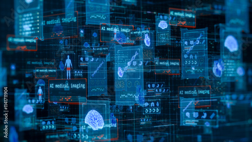 Futuristic fictional interface for ai driven healthcare, remote patient monitoring, online medical consultation and diagnosis, artificial intelligence medical imaging (3d render)