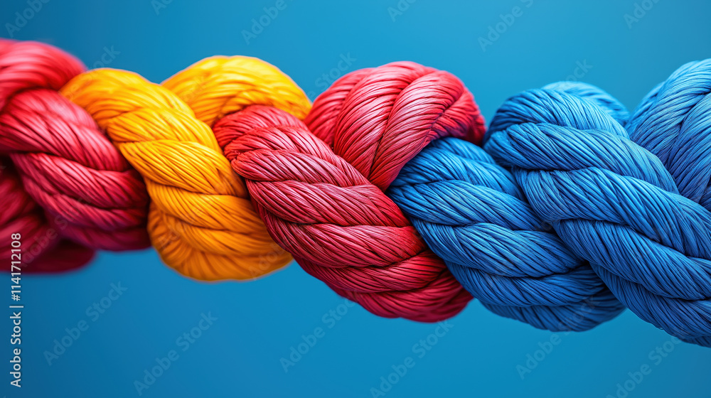 Colorful intertwined ropes on a bright blue background for strength and unity concept
