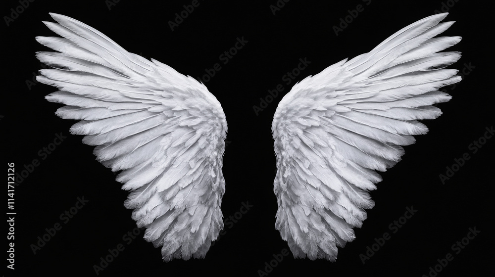 Fototapeta premium Ethereal white angel wings with intricate feather details against black background, creating mystical and serene atmosphere