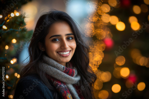 Portrait of a smiling Indian ethnic female in a festive background