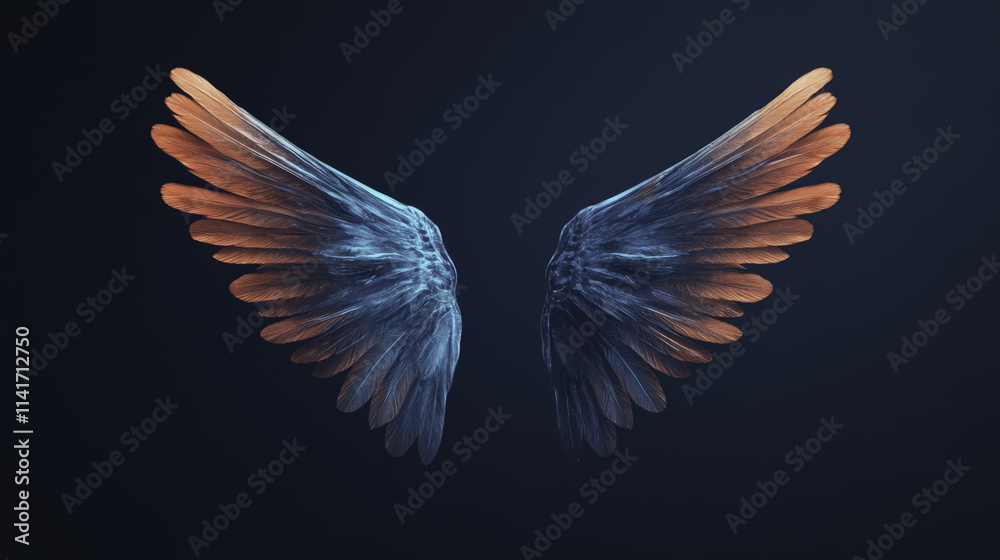 Fototapeta premium Glowing transparent wings with gradient of orange and blue hues, floating gracefully against dark background, evoke sense of wonder and ethereal beauty