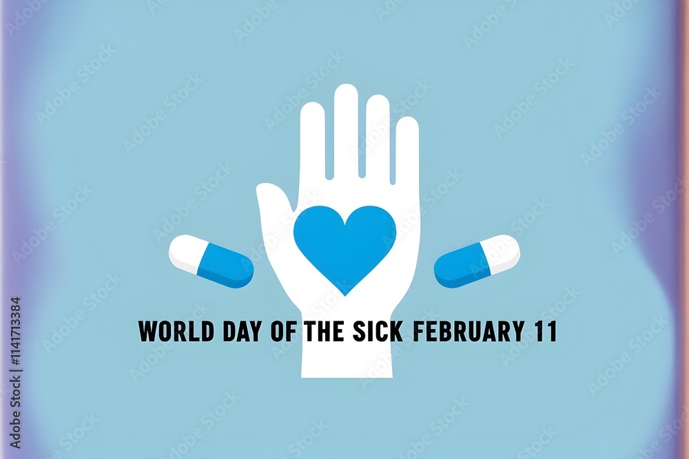 Obraz premium A serene light blue design for World Day of the Sick on February 11, featuring a white hand silhouette holding a blue heart and two pills, symbolizing care and health.