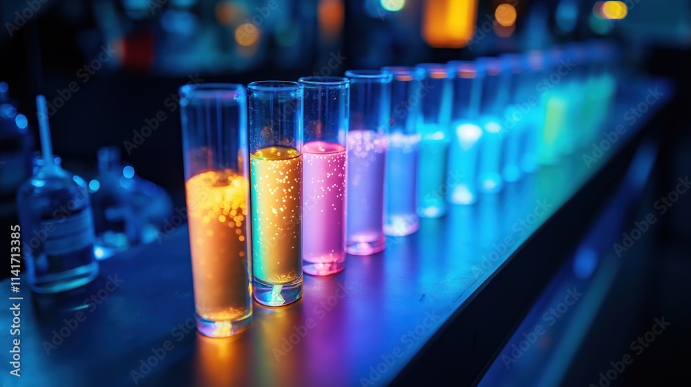Glowing colorful neon test tubes in a dark illuminated laboratory bar setting Glowing colorful neon test tubes in a dark illuminated laboratory bar setting