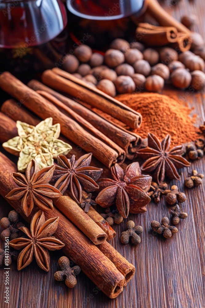 Vibrant collection of spices and herbs arranged on wooden surface for culinary delight Vibrant collection of spices and herbs arranged on wooden surface for culinary delight