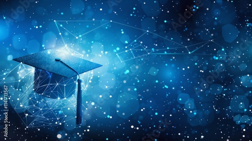 Illuminated graduation cap symbolizing educational empowerment above a network grid on dark blue