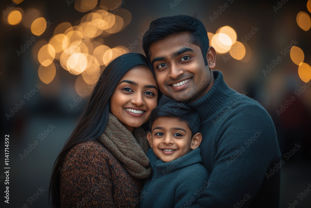 Portrait of a happy Indian ethnic young couple and their little son in a festivity background Portrait of a happy Indian ethnic young couple and their little son in a festivity background