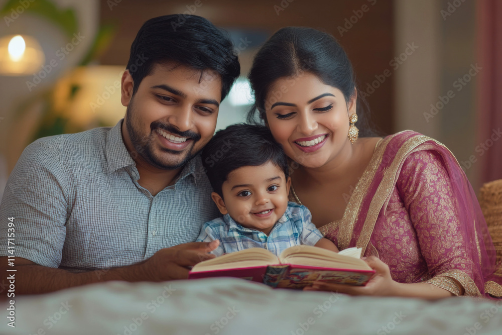 Happy young Indian parents and their little son reading a book together at their home Happy young Indian parents and their little son reading a book together at their home