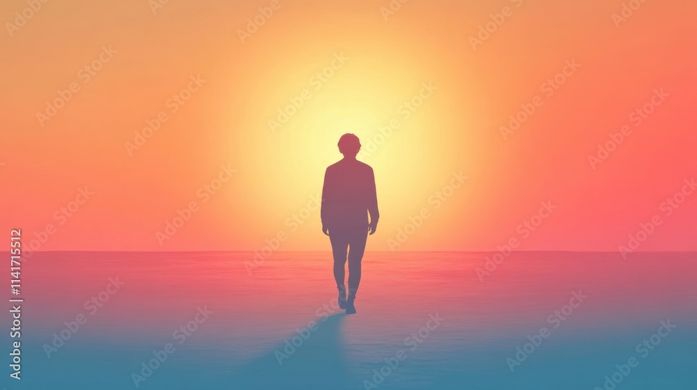 Person Walking into the Sunset with Soft Glowing Light Person Walking into the Sunset with Soft Glowing Light
