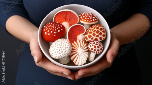 Ceramic Mushroom Collection: A close-up view of a woman's hands holding a bowl of exquisitely crafted ceramic mushrooms in vibrant red and white hues. photo