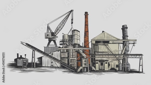 Industrial Factory Complex with Crane and Conveyors photo