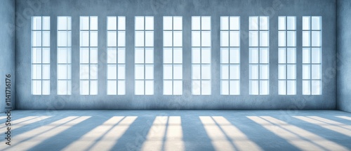Large room with many windows and a white wall